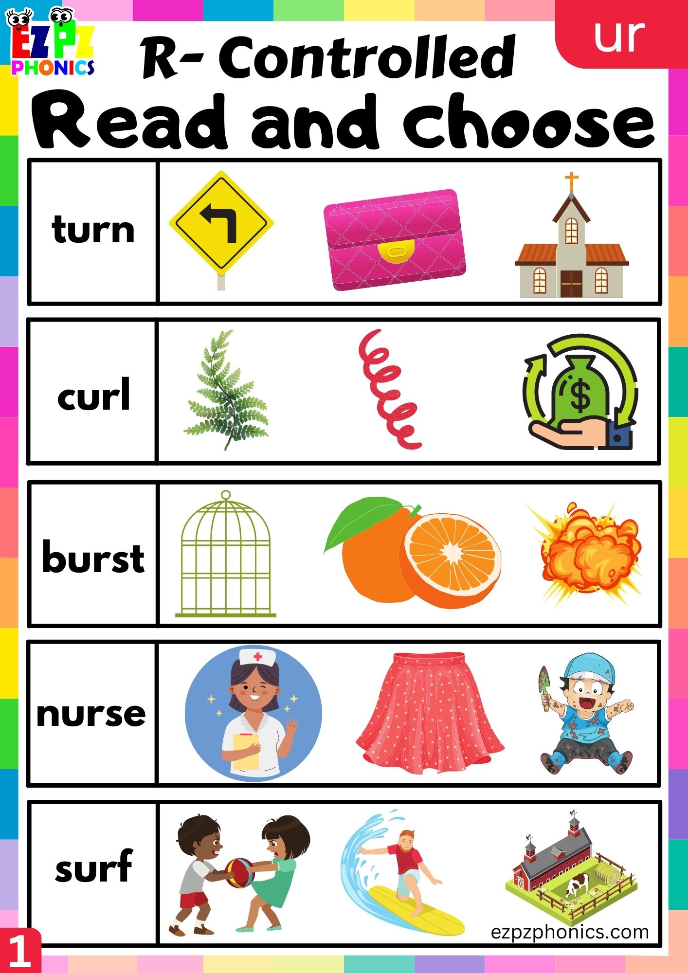 Read and choose worksheet for ur words R Controlled Vowels group 1